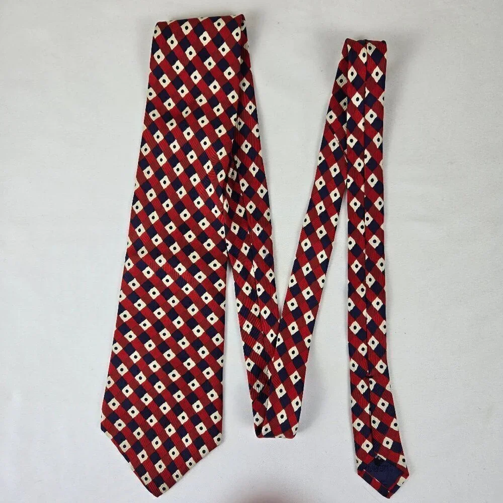 Liberty of London 100% Silk Men's Tie red Blue Cream Diamonds and Polka Dots
